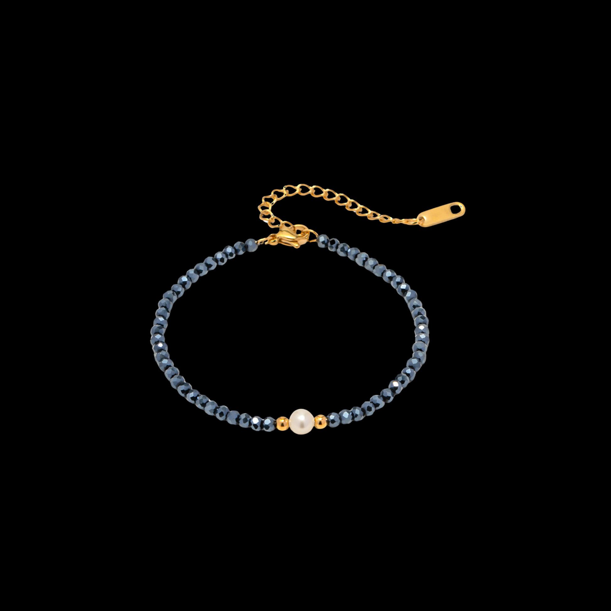Bracelet with blue beads and gold accents on a black background